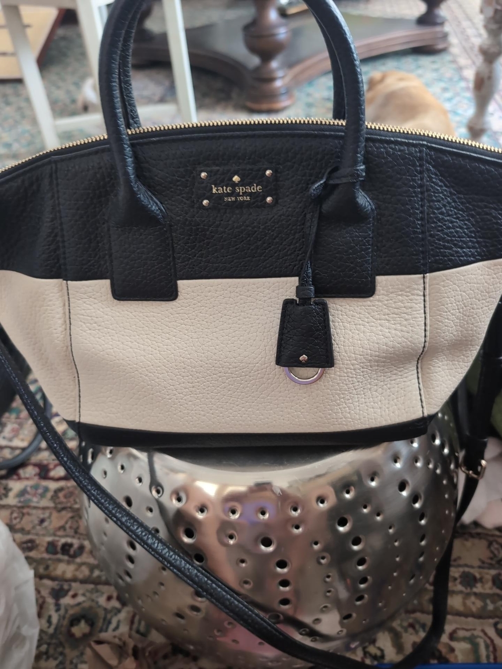 kate spade Black and Cream Leather Satchel with Gold Hardware